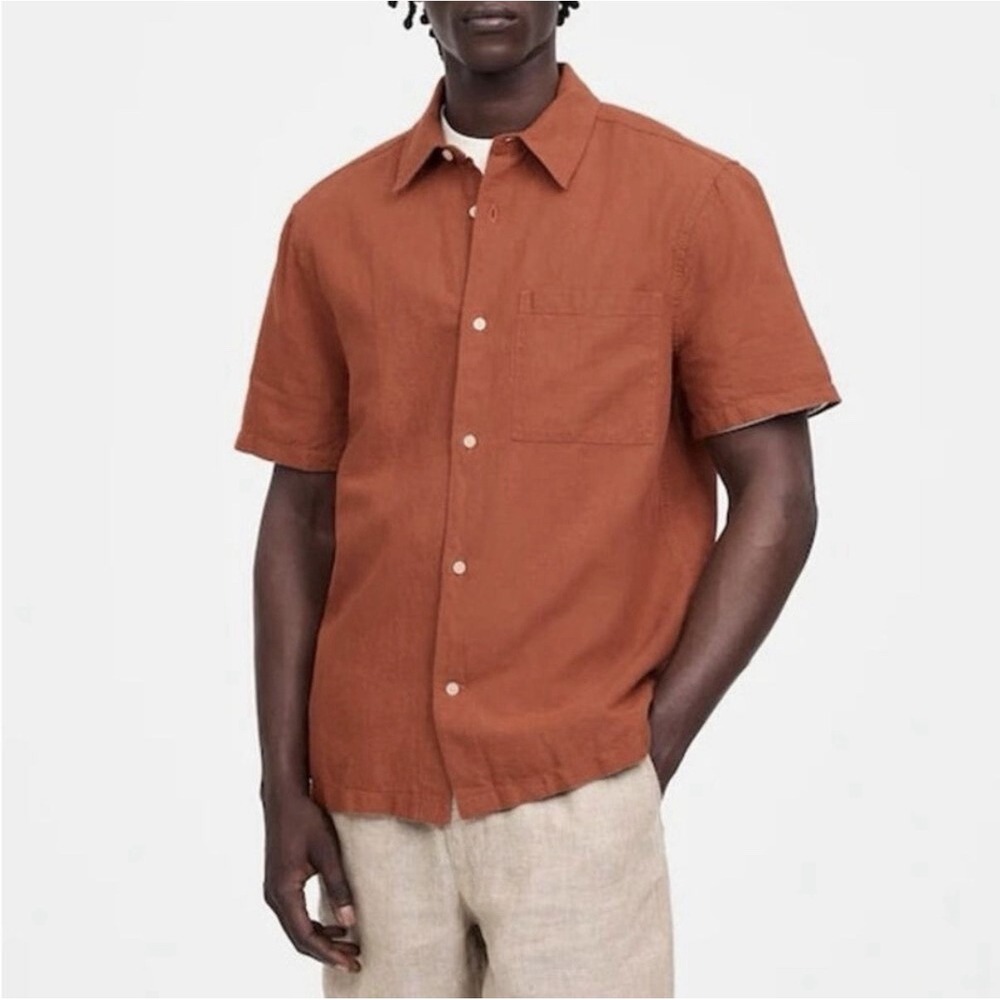 Madewell Mens Terracotta Button-Up Short-Sleeve Shirt in Cotton-Linen Blend XL